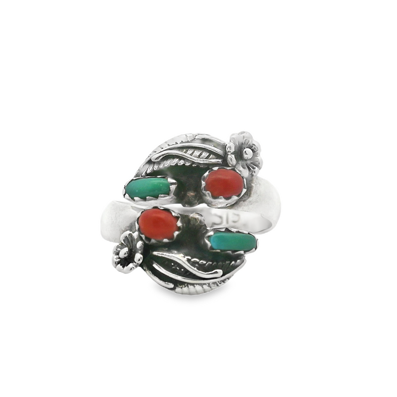 Native American Sterling Silver Coral & Turquoise Ring