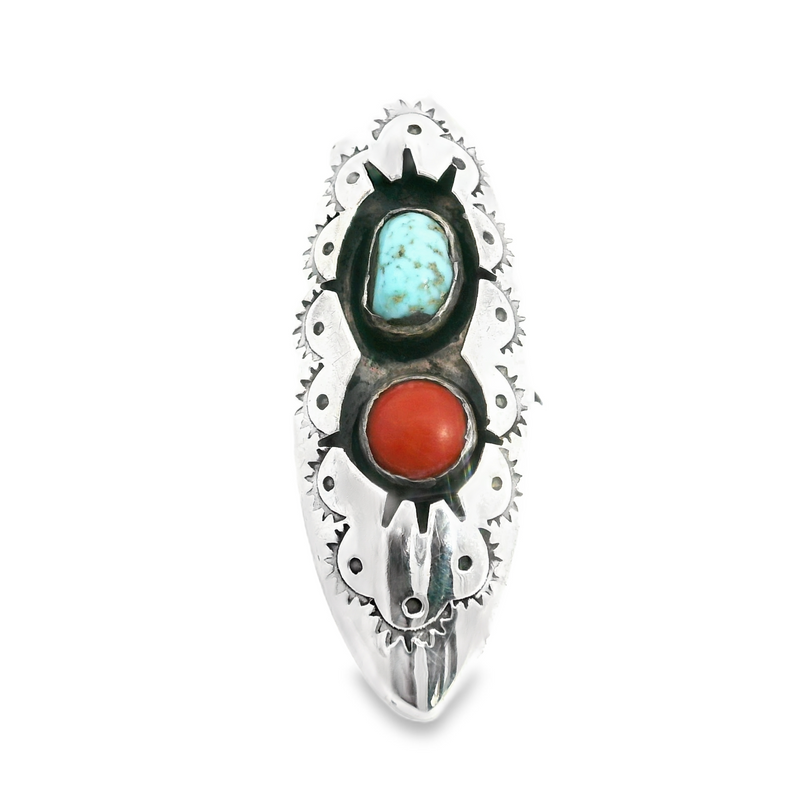 Native American Signed Turquoise & Coral Ring