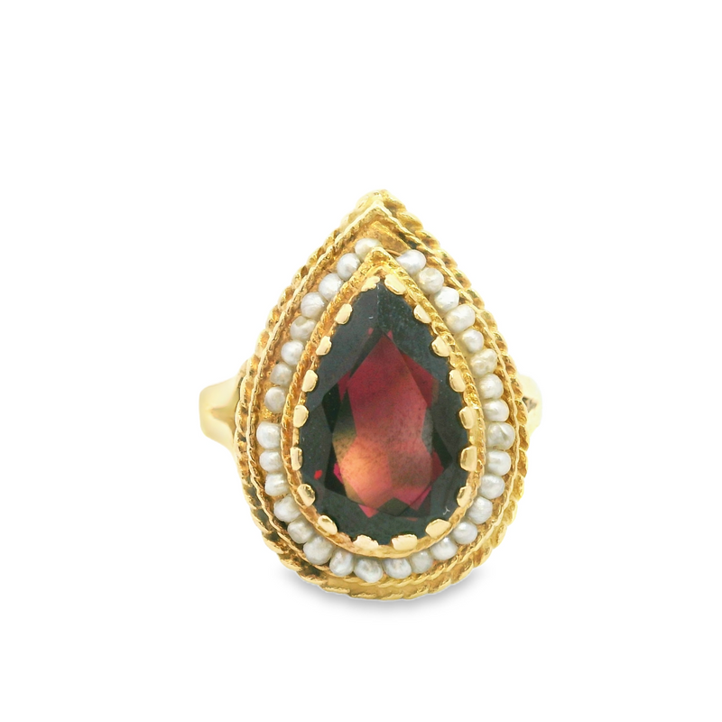 14K YG GARNET/SEED PEARL RING