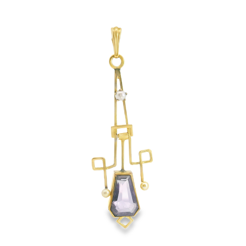 10K YG Purple Glass & Pearl Pendant