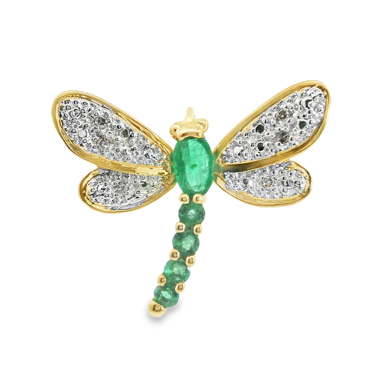 14K YG Emerald & Diamond Dragonfly Pendant