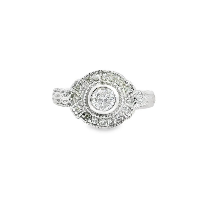 14K WG VINTAGE STYLE HALO DIAMOND RING