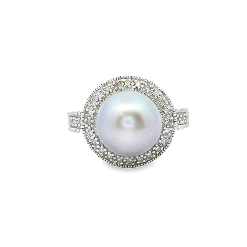 Sterling Silver Pearl & Diamond Ring