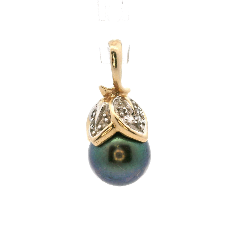 14K YG Black Pearl & Diamond Pendant