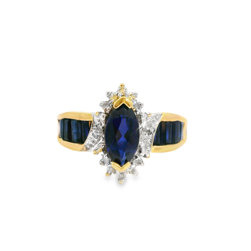 10K YG Synthetic Sapphire & Diamond Ring