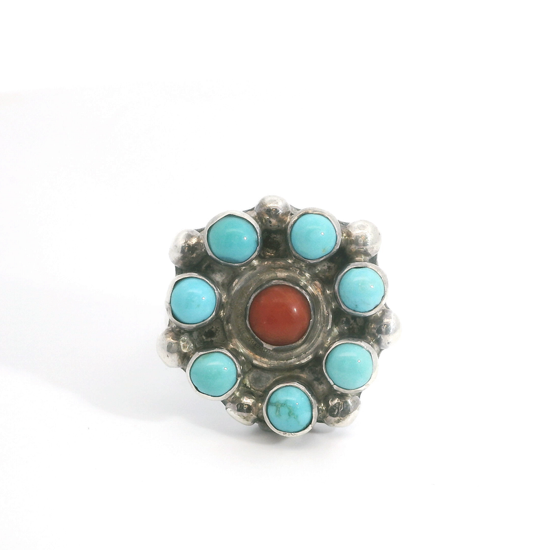 Sterling Silver Turquoise & Coral Ring