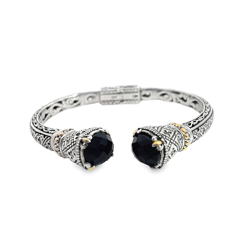 Sterling Silver & 18K YG Onyx Hinged Bracelet
