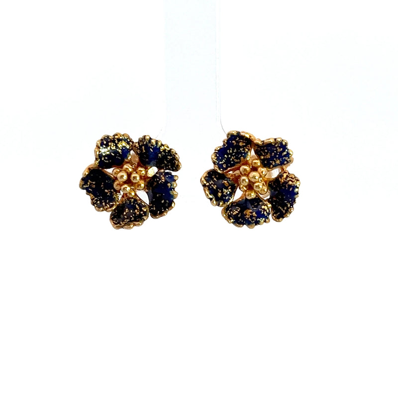 18K YG Blue Enamel Flower Earrings