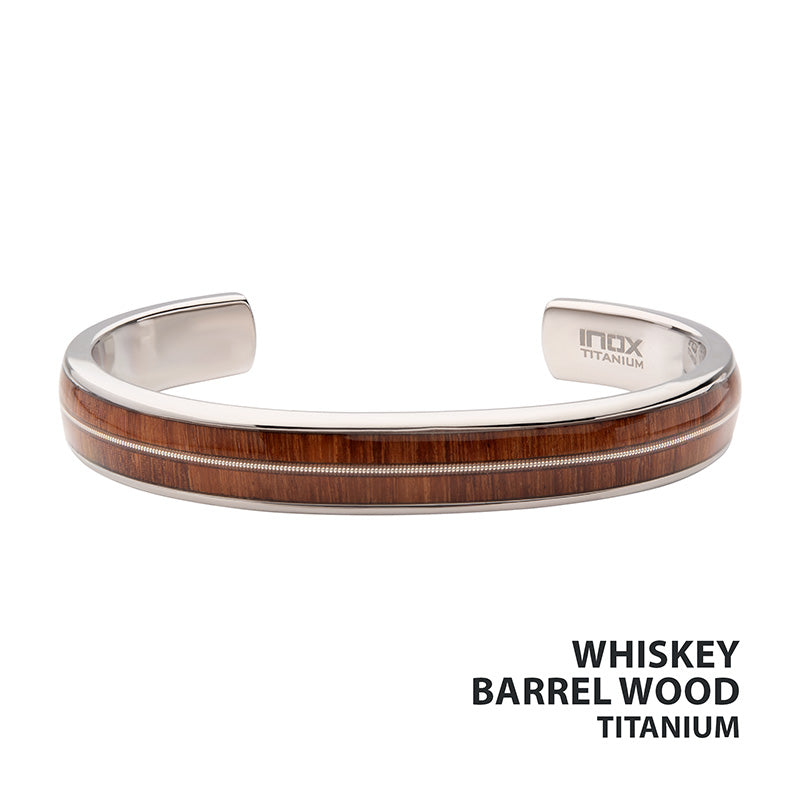 Titanium & Whiskey Barrel Wood Inlay with Embedded Guitar String Cuff Bracelet