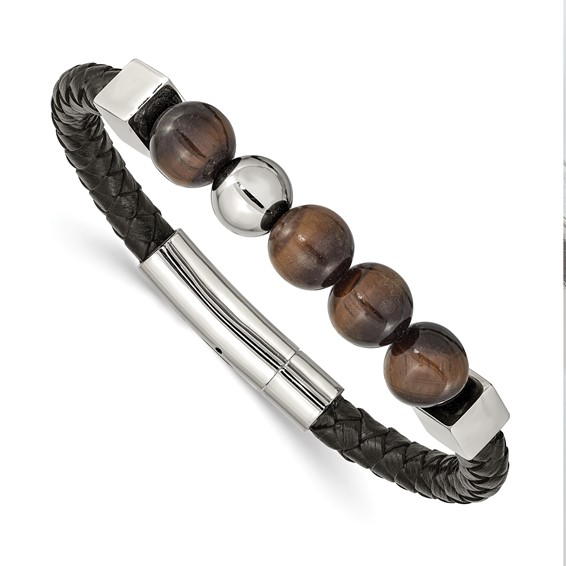 Mens Black Leather & Beaded Bracelet
