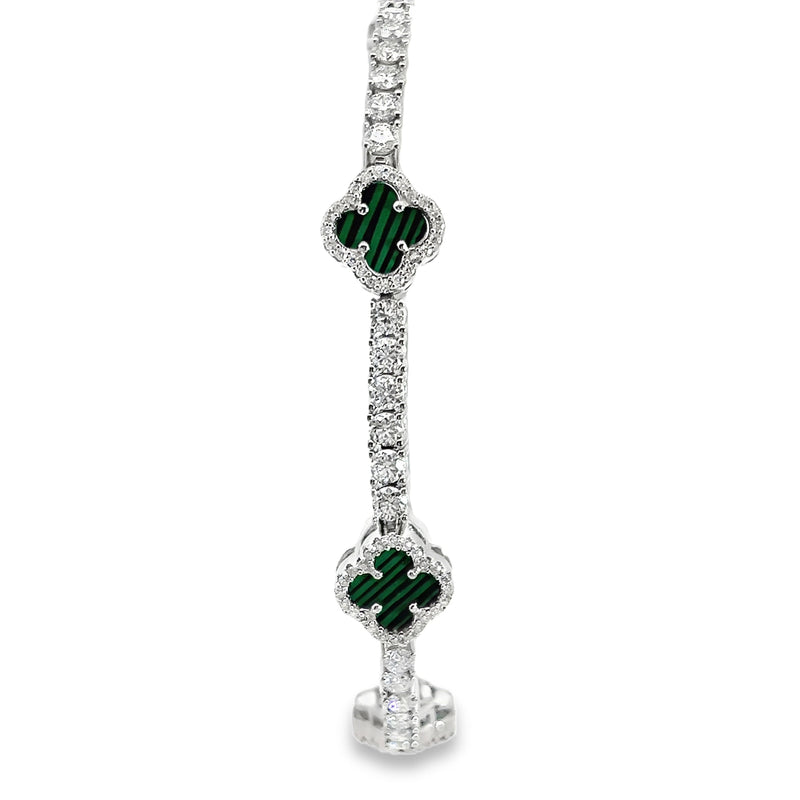 Sterling SIiver Malachite & CZ Clover Bracelet