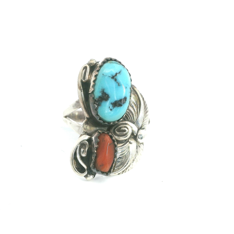 Sterling Silver Turquoise & Coral Ring
