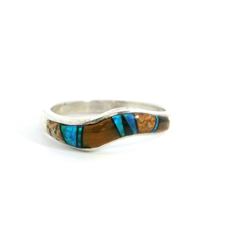Sterling Silver Jasper, Tigers Eye, Opal & Onyx Ring