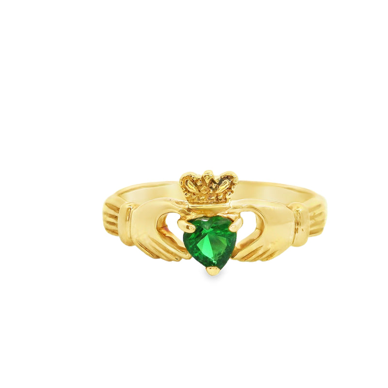 14K YG Green Stone Claddagh Ring