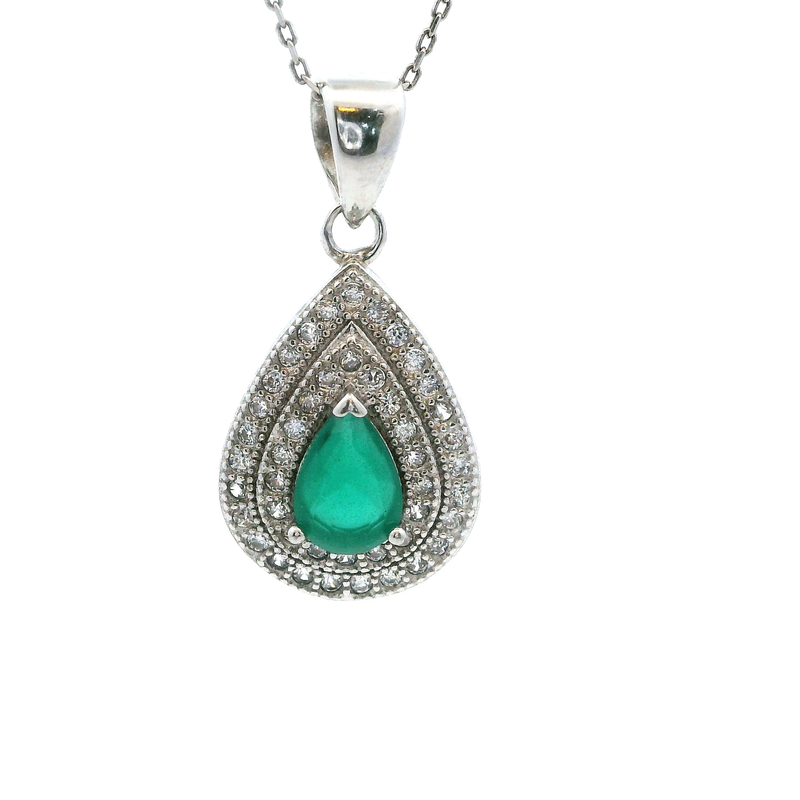 Sterling Silver Emerald & Diamond Pendant 18
