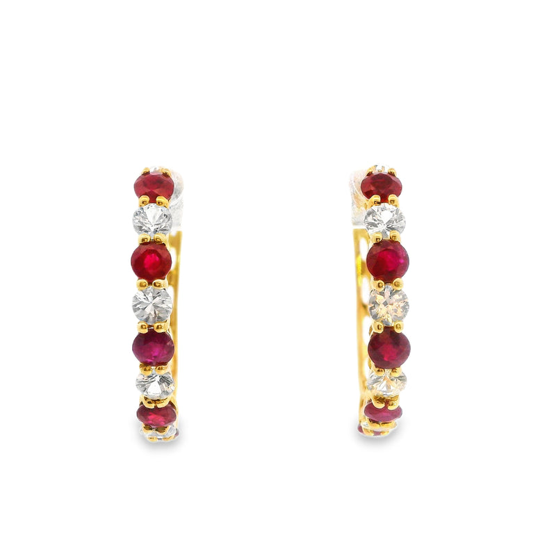 10K YG Ruby & CZ Hoop Earrings