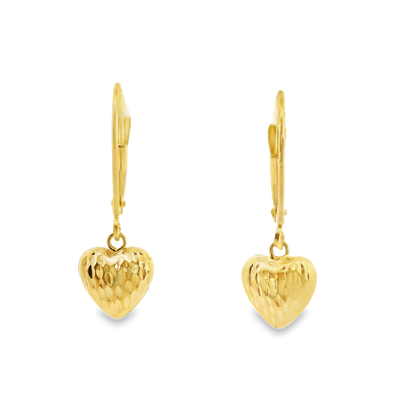 14K YG Etched Heart Dangle Earrings