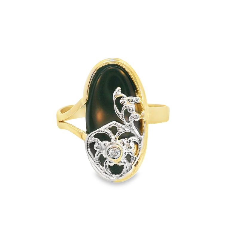 14K Two Tone Onyx & Diamond Ring