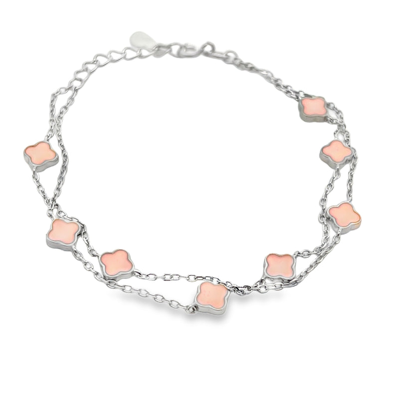 Sterling Silver with Pink Enamel Double Chain Clover Station Bracelet