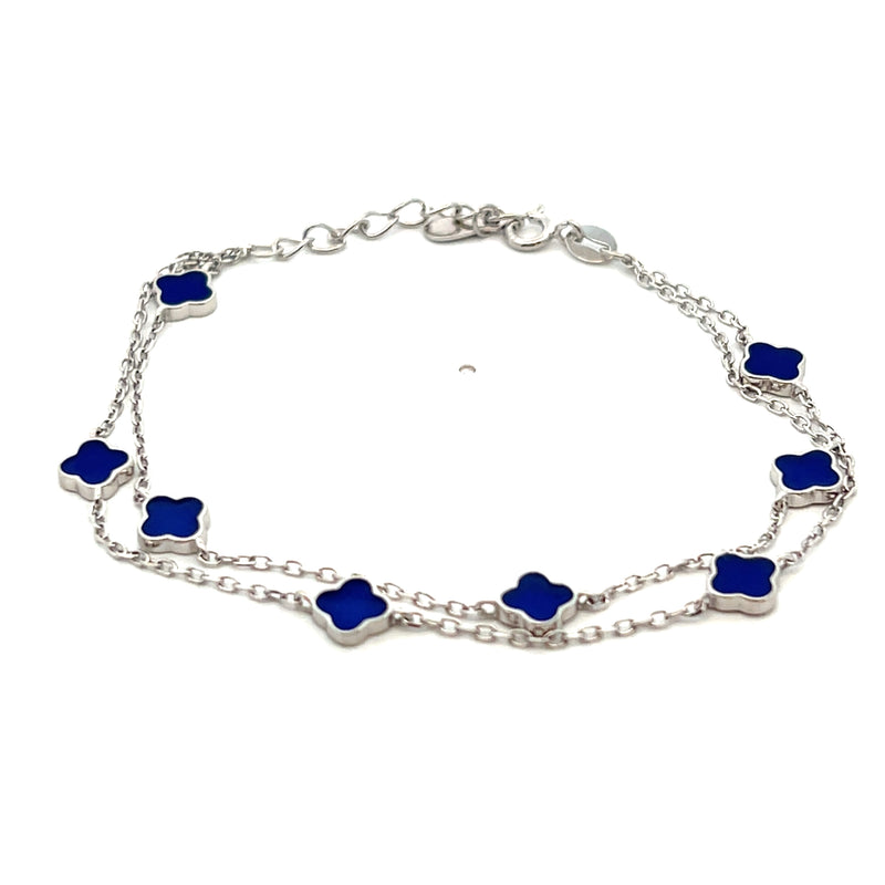 Sterling Silver with Blue Enamel Double Chain Clover Station Bracelet