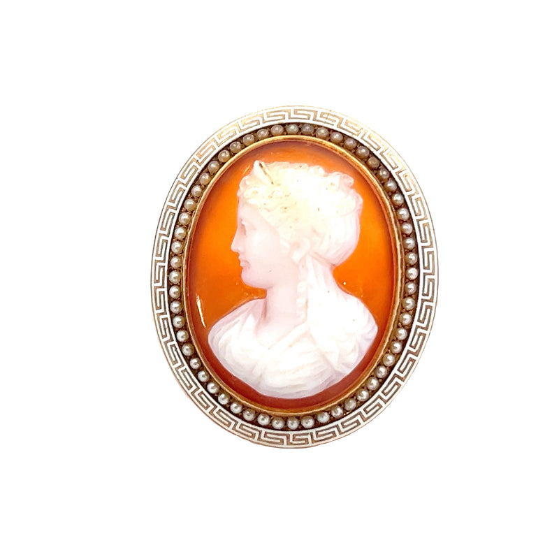 14K YG Cameo with Greek Key & Seed Pearls