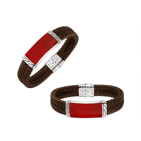 Brown Leather & Coral Bracelet