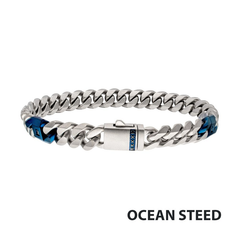 Steel Beveled Cuban Bracelet with Two Blue IP Links