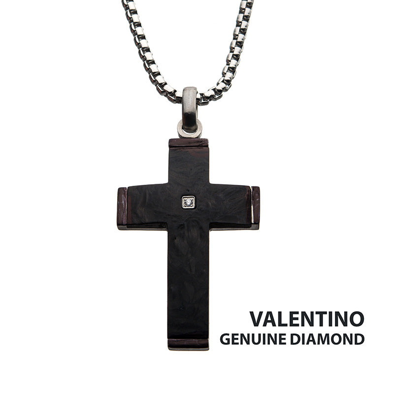 Solid Carbon Cross Pendant with 1.5mm Genuine Clear Diamond