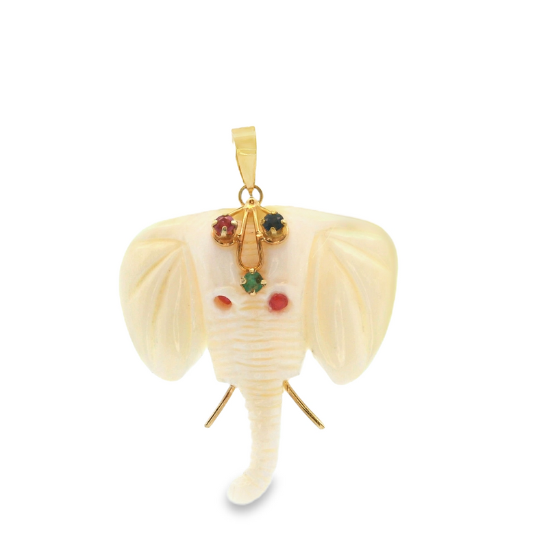 14K YG Ruby, Emerald & Sapphire Elephant Pendant