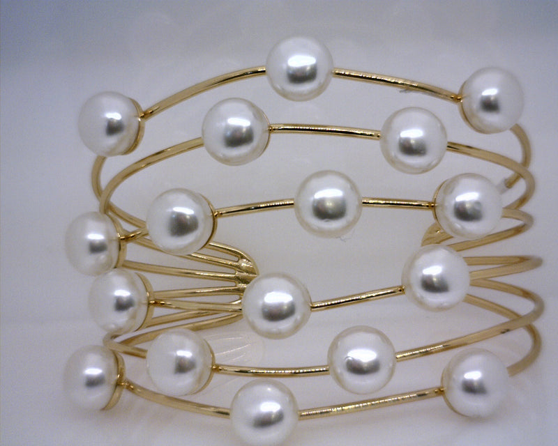 18K YG Plate Wide Multi Row Pearl Cuff Bracelet 2.5
