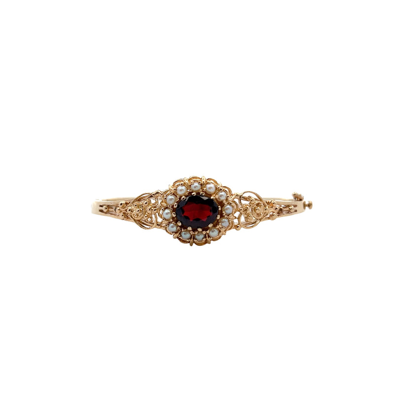 14K YG Garnet & Pearl Vintage Bangle Bracelet