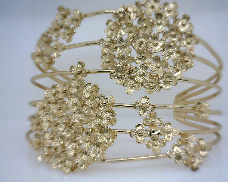 18K YG Plate Wide Multi Row Flower Cuff