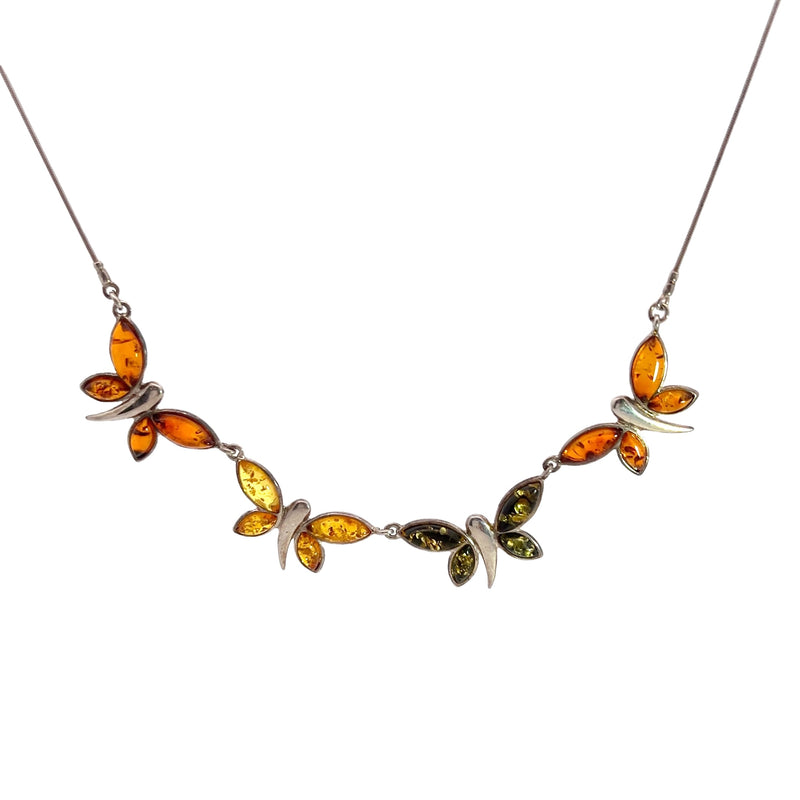 Sterling Silver Multi Color Amber Dragonfly Necklace