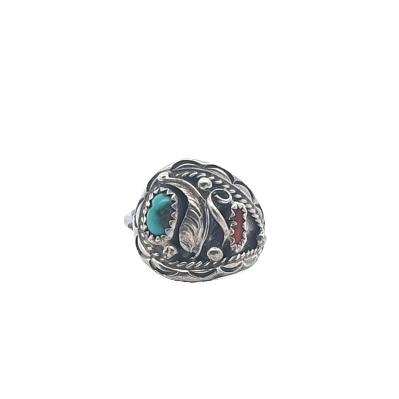 Sterling Silver Native American Coral & Turquoise Ring
