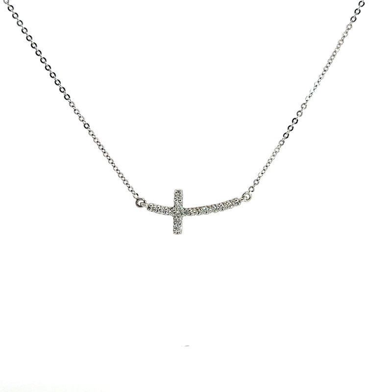 14K WG Sideways Diamond Cross Necklace