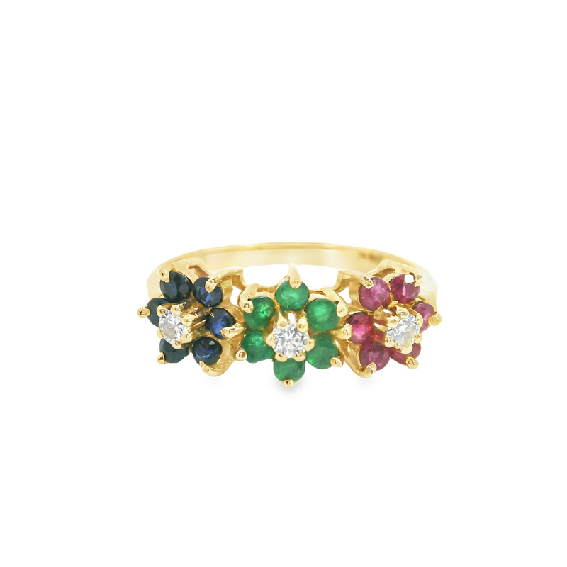 14K YG Ruby, Emerald, Sapphire Diamond Ring