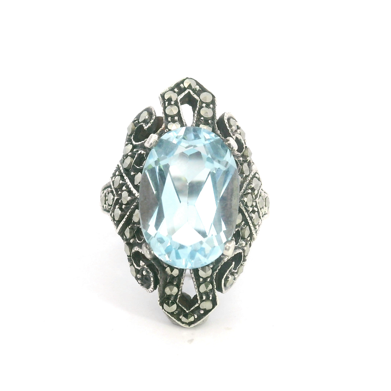 Sterling Silver Blue Topaz & Marcasite Ring