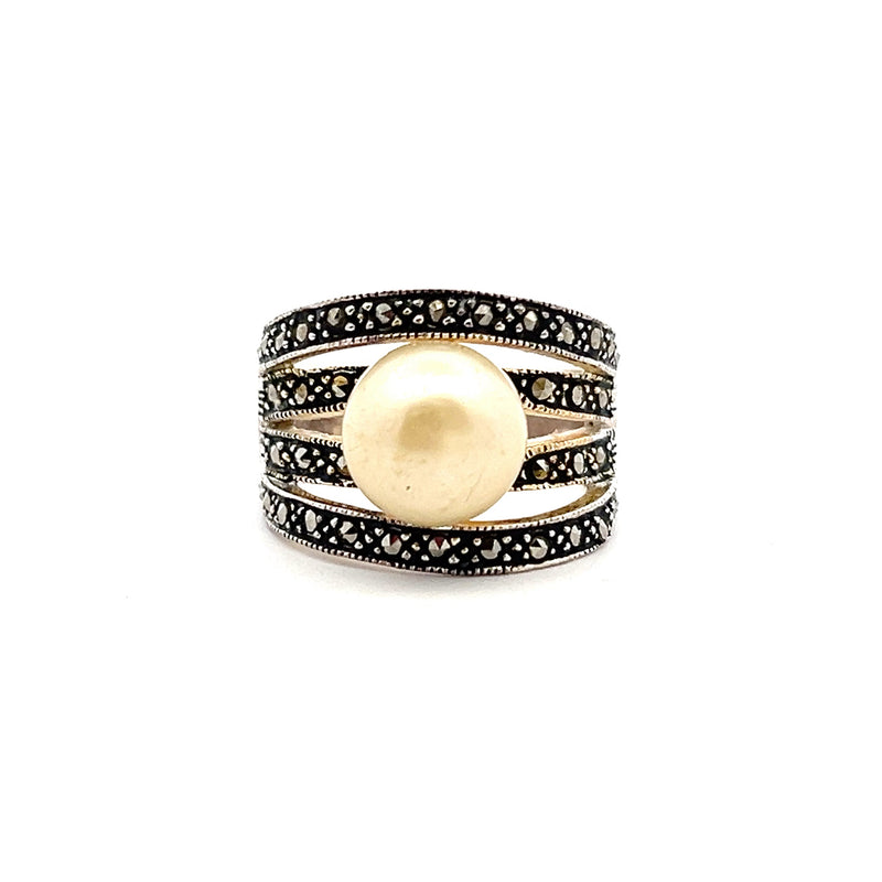 Sterling Silver Pearl & Marcasite Ring