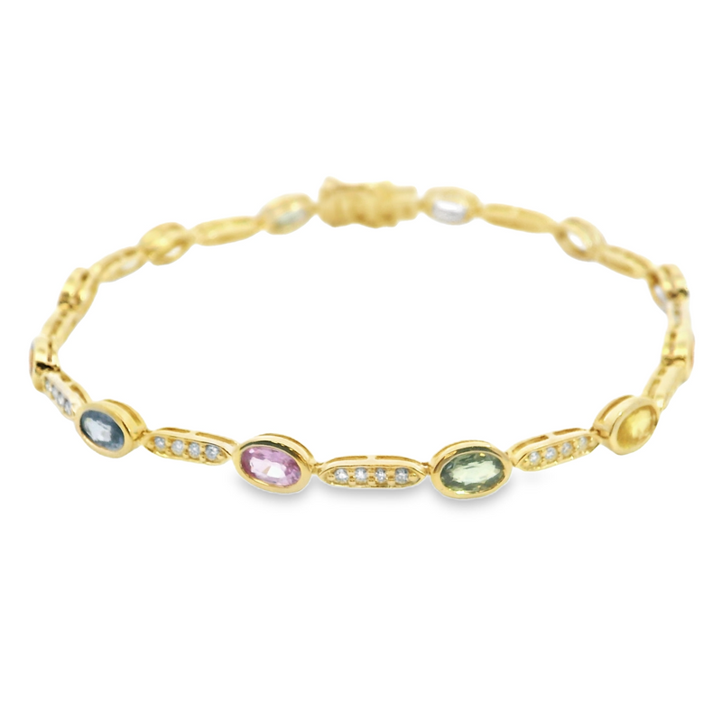 14K YG Rainbow Sapphire & Diamond Tennis Bracelet