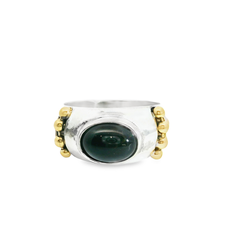 Sterling Silver & 18K YG Black Onyx Ring Size 4.5
