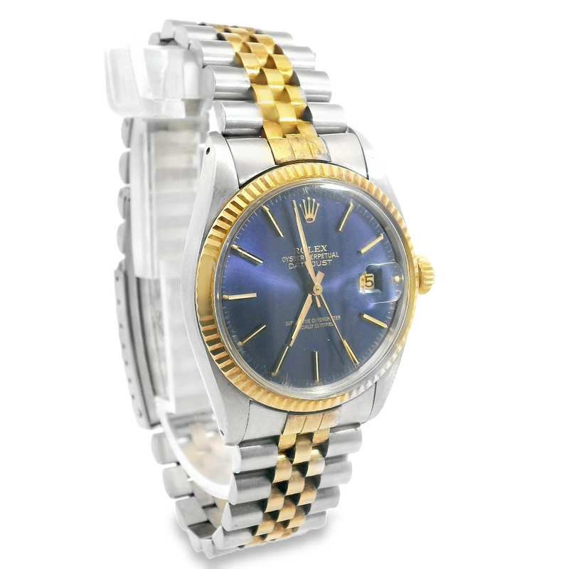 Rolex Mens Datejust 18K Yellow Gold Steel 2 Tone Blue Dial 16013 Watch