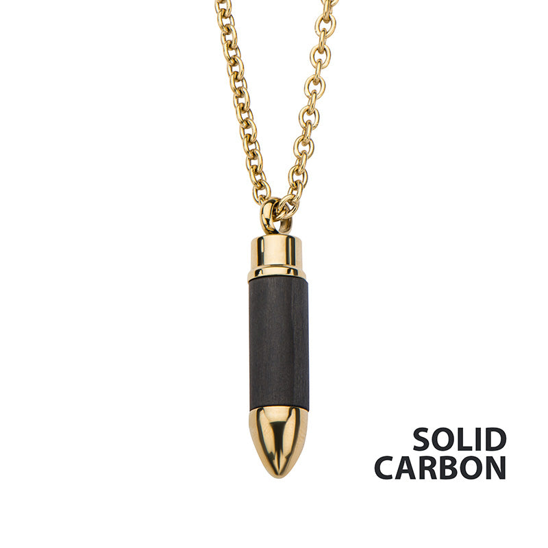 Stainless Steel Gold IP & Carbon Graphite Bullet Pendant with Chain