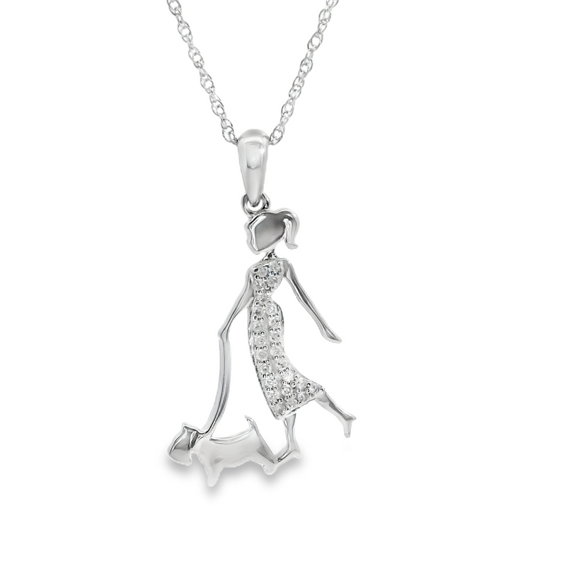 Sterling Silver Diamond Lady & Dog Pendant