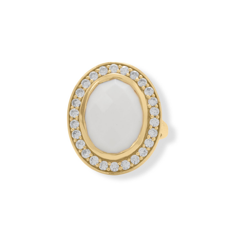 14 Karat Gold Plated White Agate and CZ Cocktail Ring Size 7