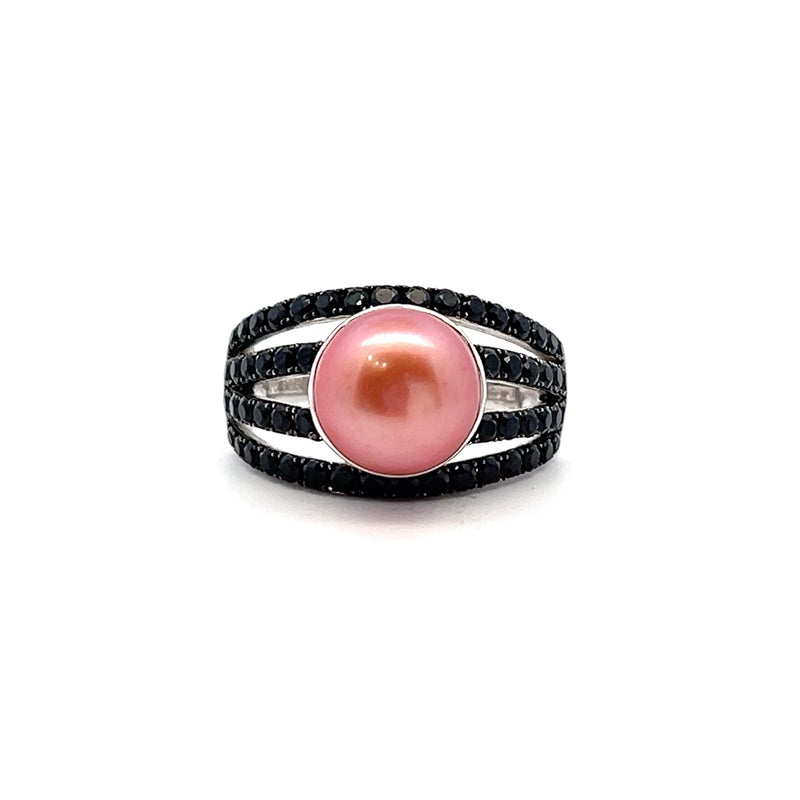 Sterling Silver Black CZ & Pink Button Pearl Ring