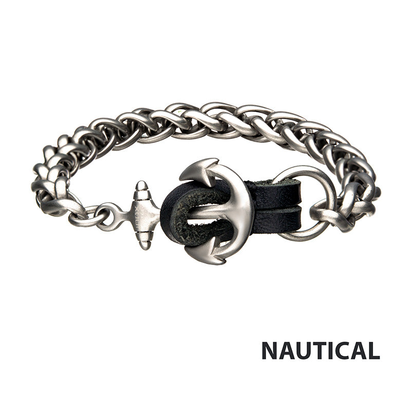 Stainless Steel & Antiqued Finish Anchor with Black Leather Chain Bracelet