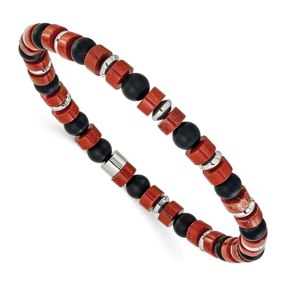 Stainless Steel Red Agate and Black Onyx Bracelet