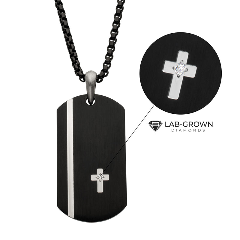 Black IP Steel Dog Tag Pendant Cross Inlay