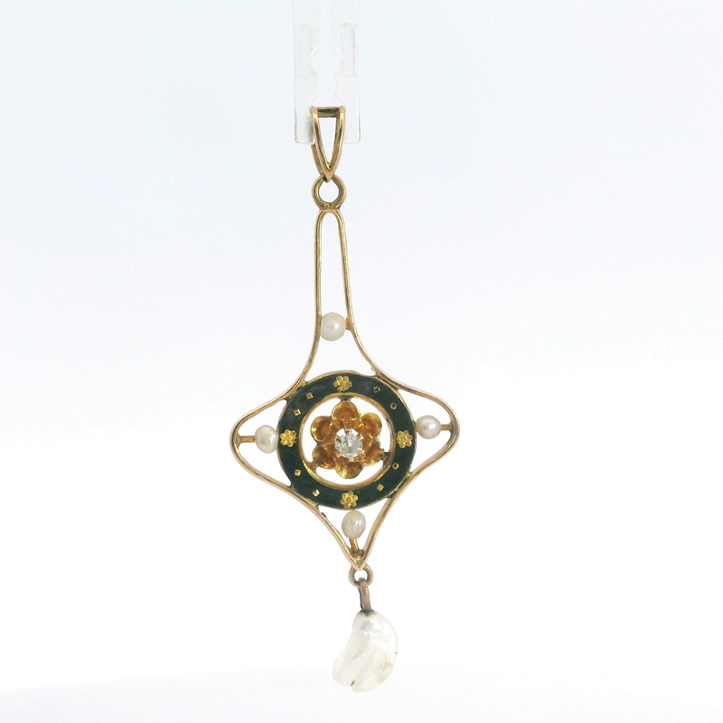 10K YG Pearl, Diamond & Enamel Vintage Pendant