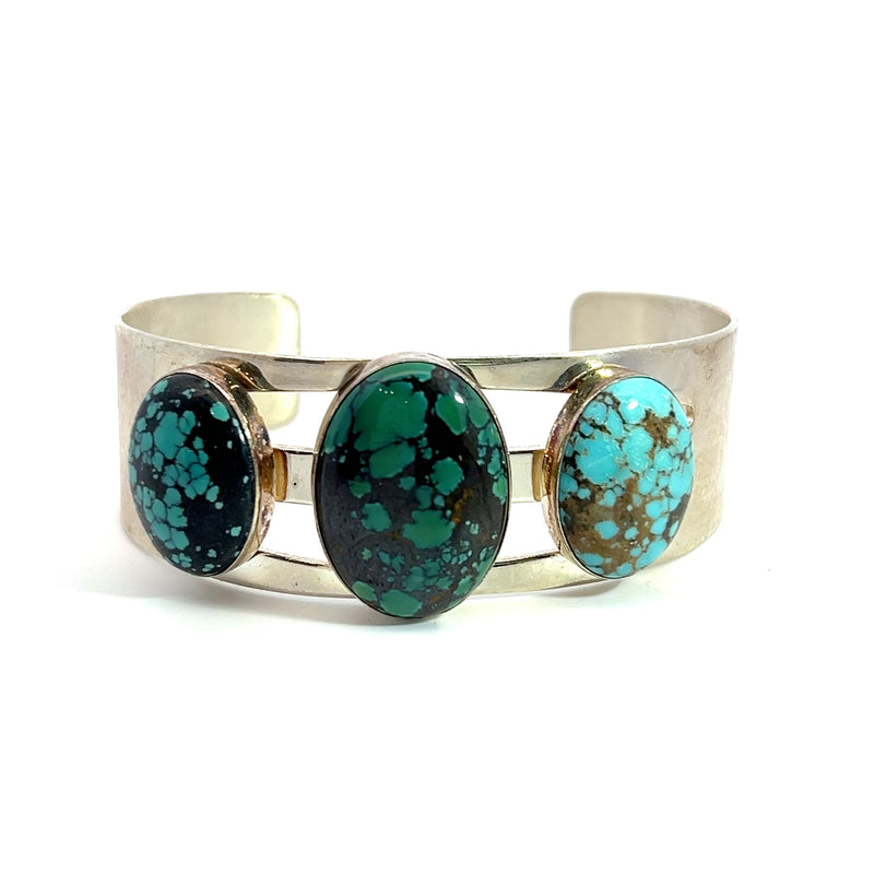 Sterling Silver Wide 3 Stone Turquoise Cuff Bracelet